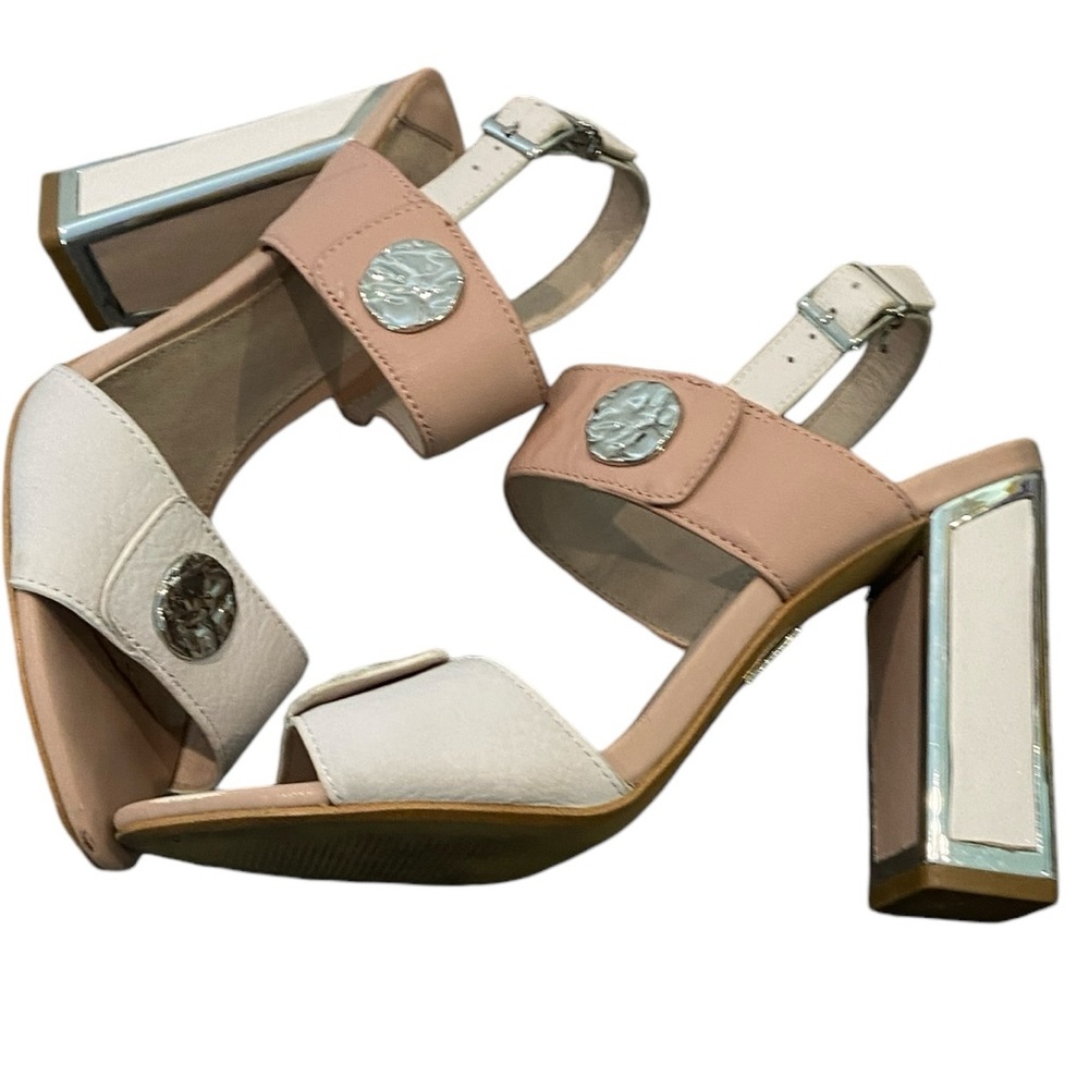 Tan and white high heel sandals. Moda in Pelle. Sz 7.5. Excellent condition